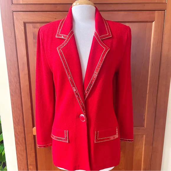 St.John Elegant Embellished Knit Cardigan Jacket In Bright Strawberry Red Color - Picture 13 of 13